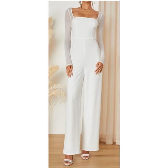 LULU'S XL Lovingly Yours White Mesh Square Neck Long Sleeve Jumpsuit NEW B66 - Picture 1 of 14